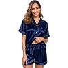 image:imageSWOMOG Womens Silk Satin Pajamas Set Short Sleeve Sleepwear Button Down Top and Shorts Loungewear 2 Piece Pjs Set XS3XLDeep Navy Blue