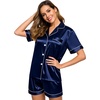 image:imageSWOMOG Womens Silk Satin Pajamas Set Short Sleeve Sleepwear Button Down Top and Shorts Loungewear 2 Piece Pjs Set XS3XLDeep Navy Blue