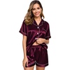image:imageSWOMOG Womens Silk Satin Pajamas Set Short Sleeve Sleepwear Button Down Top and Shorts Loungewear 2 Piece Pjs Set XS3XLDeep Wine Red