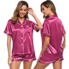 image:imageSWOMOG Womens Silk Satin Pajamas Set Short Sleeve Sleepwear Button Down Top and Shorts Loungewear 2 Piece Pjs Set XS3XLGrapefruit