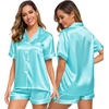 image:imageSWOMOG Womens Silk Satin Pajamas Set Short Sleeve Sleepwear Button Down Top and Shorts Loungewear 2 Piece Pjs Set XS3XLLake Blue