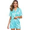 image:imageSWOMOG Womens Silk Satin Pajamas Set Short Sleeve Sleepwear Button Down Top and Shorts Loungewear 2 Piece Pjs Set XS3XLLake Blue