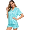 image:imageSWOMOG Womens Silk Satin Pajamas Set Short Sleeve Sleepwear Button Down Top and Shorts Loungewear 2 Piece Pjs Set XS3XLLake Blue