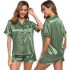 image:imageSWOMOG Womens Silk Satin Pajamas Set Short Sleeve Sleepwear Button Down Top and Shorts Loungewear 2 Piece Pjs Set XS3XLMatcha