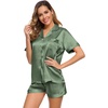 image:imageSWOMOG Womens Silk Satin Pajamas Set Short Sleeve Sleepwear Button Down Top and Shorts Loungewear 2 Piece Pjs Set XS3XLMatcha Solid