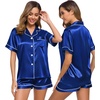 image:imageSWOMOG Womens Silk Satin Pajamas Set Short Sleeve Sleepwear Button Down Top and Shorts Loungewear 2 Piece Pjs Set XS3XLMidnight Blue