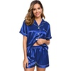 image:imageSWOMOG Womens Silk Satin Pajamas Set Short Sleeve Sleepwear Button Down Top and Shorts Loungewear 2 Piece Pjs Set XS3XLMidnight Blue