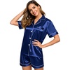 image:imageSWOMOG Womens Silk Satin Pajamas Set Short Sleeve Sleepwear Button Down Top and Shorts Loungewear 2 Piece Pjs Set XS3XLNavy Blue