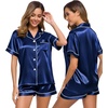 image:imageSWOMOG Womens Silk Satin Pajamas Set Short Sleeve Sleepwear Button Down Top and Shorts Loungewear 2 Piece Pjs Set XS3XLNavy Blue