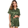 image:imageSWOMOG Womens Silk Satin Pajamas Set Short Sleeve Sleepwear Button Down Top and Shorts Loungewear 2 Piece Pjs Set XS3XLOlive Green