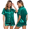 image:imageSWOMOG Womens Silk Satin Pajamas Set Short Sleeve Sleepwear Button Down Top and Shorts Loungewear 2 Piece Pjs Set XS3XLPersian Green