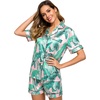 image:imageSWOMOG Womens Silk Satin Pajamas Set Short Sleeve Sleepwear Button Down Top and Shorts Loungewear 2 Piece Pjs Set XS3XLPink Leaves