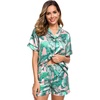 image:imageSWOMOG Womens Silk Satin Pajamas Set Short Sleeve Sleepwear Button Down Top and Shorts Loungewear 2 Piece Pjs Set XS3XLPink Leaves