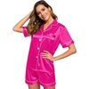 image:imageSWOMOG Womens Silk Satin Pajamas Set Short Sleeve Sleepwear Button Down Top and Shorts Loungewear 2 Piece Pjs Set XS3XLRose Red