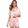 image:imageSWOMOG Womens Silk Satin Pajamas Set Short Sleeve Sleepwear Button Down Top and Shorts Loungewear 2 Piece Pjs Set XS3XLSakura Pink