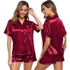 image:imageSWOMOG Womens Silk Satin Pajamas Set Short Sleeve Sleepwear Button Down Top and Shorts Loungewear 2 Piece Pjs Set XS3XLWine Red