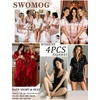 image:imageSWOMOG Womens Silk Satin Pajamas Sets 4pcs Sleepwear Sexy Cami Shorts Set and Button Down Short Sleeve Pjs LoungewearChristmas Red