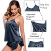 image:imageSWOMOG Womens Silk Satin Pajamas Sets 4pcs Sleepwear Sexy Cami Shorts Set and Button Down Short Sleeve Pjs LoungewearDeep Grey