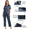 image:imageSWOMOG Womens Silk Satin Pajamas Sets 4pcs Sleepwear Sexy Cami Shorts Set and Button Down Short Sleeve Pjs LoungewearDeep Grey
