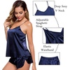 image:imageSWOMOG Womens Silk Satin Pajamas Sets 4pcs Sleepwear Sexy Cami Shorts Set and Button Down Short Sleeve Pjs LoungewearDeep Navy Blue