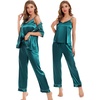 image:imageSWOMOG Womens Silk Satin Pajamas Sets 4pcs Sleepwear Sexy Cami Shorts Set and Button Down Short Sleeve Pjs LoungewearGreen