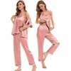 image:imageSWOMOG Womens Silk Satin Pajamas Sets 4pcs Sleepwear Sexy Cami Shorts Set and Button Down Short Sleeve Pjs LoungewearMisty Rose