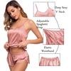 image:imageSWOMOG Womens Silk Satin Pajamas Sets 4pcs Sleepwear Sexy Cami Shorts Set and Button Down Short Sleeve Pjs LoungewearMisty Rose