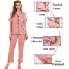image:imageSWOMOG Womens Silk Satin Pajamas Sets 4pcs Sleepwear Sexy Cami Shorts Set and Button Down Short Sleeve Pjs LoungewearMisty Rose