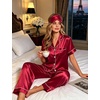 image:imageSWOMOG Womens Silk Satin Pajamas Sets 4pcs Sleepwear Sexy Cami Shorts Set and Button Down Short Sleeve Pjs LoungewearRed