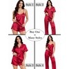 image:imageSWOMOG Womens Silk Satin Pajamas Sets 4pcs Sleepwear Sexy Cami Shorts Set and Button Down Short Sleeve Pjs LoungewearRed