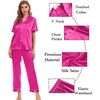 image:imageSWOMOG Womens Silk Satin Pajamas Sets 4pcs Sleepwear Sexy Cami Shorts Set and Button Down Short Sleeve Pjs LoungewearRose Red With White Piping