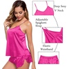 image:imageSWOMOG Womens Silk Satin Pajamas Sets 4pcs Sleepwear Sexy Cami Shorts Set and Button Down Short Sleeve Pjs LoungewearRose Red With White Piping