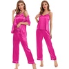 image:imageSWOMOG Womens Silk Satin Pajamas Sets 4pcs Sleepwear Sexy Cami Shorts Set and Button Down Short Sleeve Pjs LoungewearRose Red With White Piping