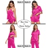 image:imageSWOMOG Womens Silk Satin Pajamas Sets 4pcs Sleepwear Sexy Cami Shorts Set and Button Down Short Sleeve Pjs LoungewearRose Red With White Piping