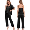 image:imageSWOMOG Womens Silk Satin Pajamas Sets 4pcs Sleepwear Sexy Cami Shorts Set and Button Down Short Sleeve Pjs LoungewearSolid Color Black