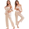 image:imageSWOMOG Womens Silk Satin Pajamas Sets 4pcs Sleepwear Sexy Cami Shorts Set and Button Down Short Sleeve Pjs LoungewearSolid Color Champagne