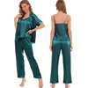 image:imageSWOMOG Womens Silk Satin Pajamas Sets 4pcs Sleepwear Sexy Cami Shorts Set and Button Down Short Sleeve Pjs LoungewearSolid Color Green