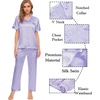image:imageSWOMOG Womens Silk Satin Pajamas Sets 4pcs Sleepwear Sexy Cami Shorts Set and Button Down Short Sleeve Pjs LoungewearSolid Color Lavender
