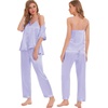 image:imageSWOMOG Womens Silk Satin Pajamas Sets 4pcs Sleepwear Sexy Cami Shorts Set and Button Down Short Sleeve Pjs LoungewearSolid Color Lavender