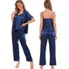 image:imageSWOMOG Womens Silk Satin Pajamas Sets 4pcs Sleepwear Sexy Cami Shorts Set and Button Down Short Sleeve Pjs LoungewearSolid Color Navy Blue