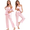 image:imageSWOMOG Womens Silk Satin Pajamas Sets 4pcs Sleepwear Sexy Cami Shorts Set and Button Down Short Sleeve Pjs LoungewearSolid Color Pink