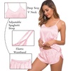 image:imageSWOMOG Womens Silk Satin Pajamas Sets 4pcs Sleepwear Sexy Cami Shorts Set and Button Down Short Sleeve Pjs LoungewearSolid Color Pink