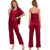 image:imageSWOMOG Womens Silk Satin Pajamas Sets 4pcs Sleepwear Sexy Cami Shorts Set and Button Down Short Sleeve Pjs LoungewearSolid Color Red