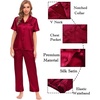 image:imageSWOMOG Womens Silk Satin Pajamas Sets 4pcs Sleepwear Sexy Cami Shorts Set and Button Down Short Sleeve Pjs LoungewearSolid Color Red