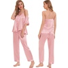 image:imageSWOMOG Womens Silk Satin Pajamas Sets 4pcs Sleepwear Sexy Cami Shorts Set and Button Down Short Sleeve Pjs LoungewearSolid Color Sakura Pink