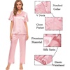 image:imageSWOMOG Womens Silk Satin Pajamas Sets 4pcs Sleepwear Sexy Cami Shorts Set and Button Down Short Sleeve Pjs LoungewearSolid Color Sakura Pink