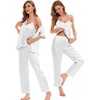 image:imageSWOMOG Womens Silk Satin Pajamas Sets 4pcs Sleepwear Sexy Cami Shorts Set and Button Down Short Sleeve Pjs LoungewearSolid Color White