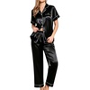 image:imageSWOMOG Women Satin Pajamas Set Short Sleeve Top amp Pants Sleepwear Silky Button Down Nightwear 2pcs Loungewear Pjs SetBlack
