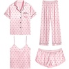 image:imageSWOMOG Womens Silk Satin Pajamas Sets 4pcs Sleepwear Sexy Cami Shorts Set and Button Down Short Sleeve Pjs LoungewearPink Dots