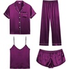 image:imageSWOMOG Womens Silk Satin Pajamas Sets 4pcs Sleepwear Sexy Cami Shorts Set and Button Down Short Sleeve Pjs LoungewearPurple